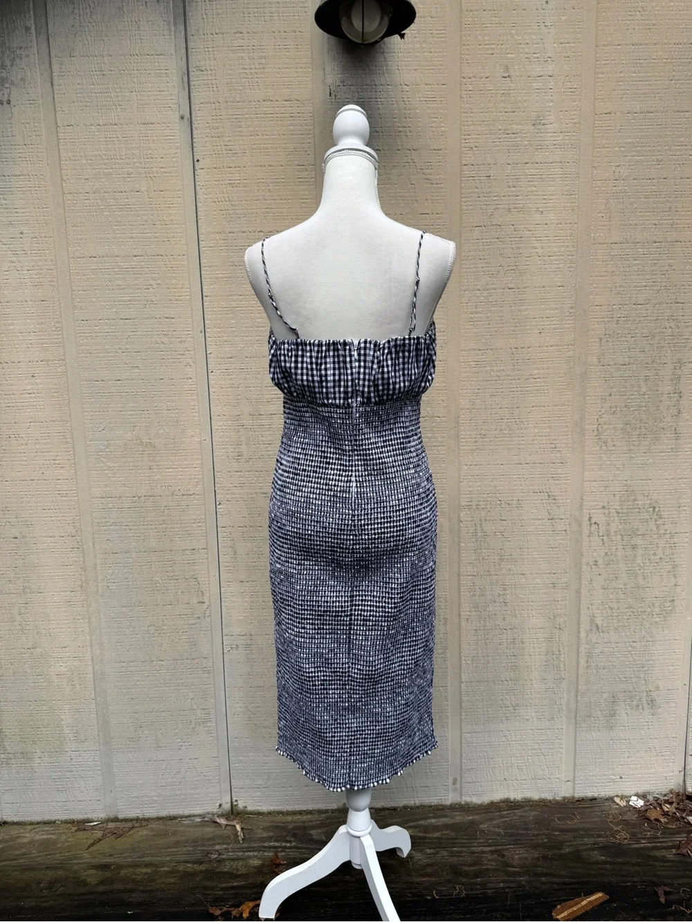 J. Crew Black and White Gingham Smocked Midi Dress